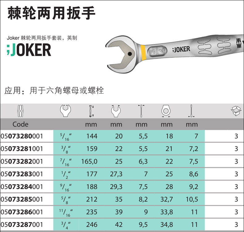 wera 维拉 棘轮两用扳手套装,英制8件套,05020012001