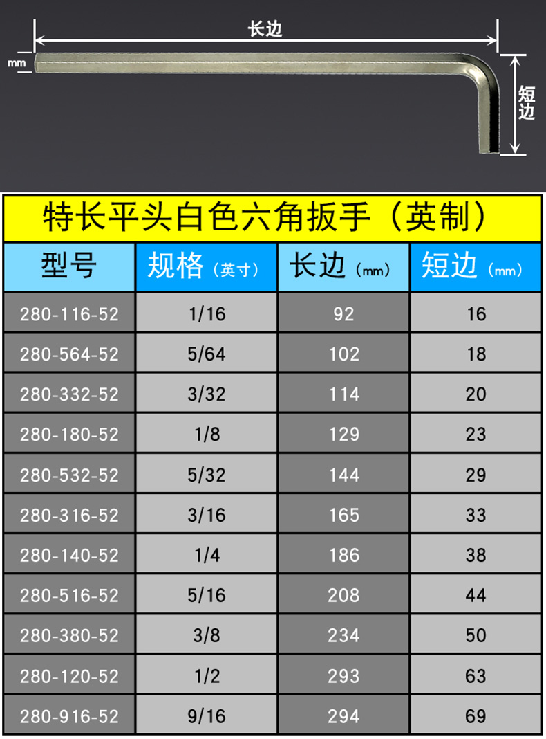 英制内六角扳手,德国哈佛 3/32",280-332-52