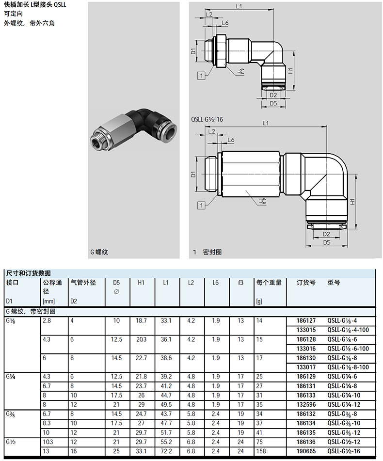 费斯托festo 外牙快插弯通接头,带外六角,加长型,qsll-g1/4-12,132596
