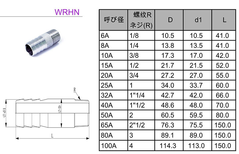 若松 不锈钢304圆形水管接头(宝塔接头)wrhn-1/8*41,1/8",dn6