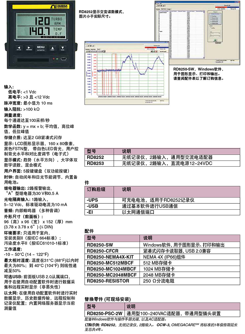 工业检测 过程二次仪表 过程记录仪 omega 无纸记录仪,2路输入 rd8253