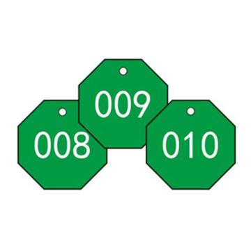 安赛瑞 塑料号码吊牌-八边形，Ф31.8mm，绿底白字，号码001-100，14868 售卖规格：100个/包