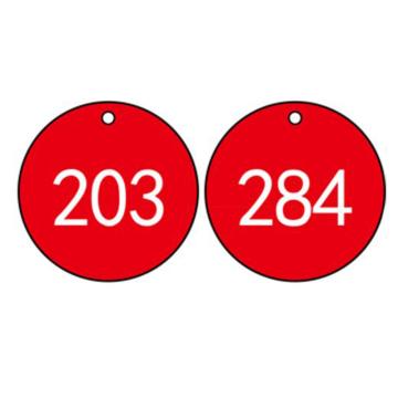 安赛瑞 塑料号码吊牌-圆形，Ф31.8mm，红底白字，号码201-300，14843 售卖规格：100个/包