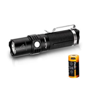 Fenix 迷你強光防水LED手電筒，PD25 XP-L V5黑色含1節16340直充USB接口鋰電池、抱夾，單位：個