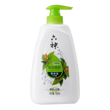 六神 绿茶清凉爽肤沐浴露，20486清新花香绿茶+甘草清爽型 750ml 售卖规格：1瓶