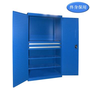 Raxwell 蓝色双开门带挂板置物柜(三层板双抽)，RHST0001 尺寸(长×宽×高mm):1000×600×1800 售卖规格：1套