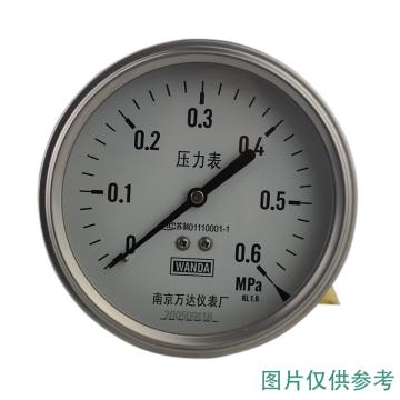 万达 压力表，YJTF 全不锈钢,轴向不带边Φ100,1.6级,0~6.0MPa,NPT1/2 售卖规格：1个