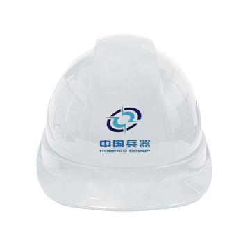 Raxwell客户定制Breathe安全帽（白色），前侧印“中国兵器”logo，左侧、右侧印黄色“华通爆破”