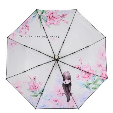 天堂 晴雨伞，668ELCJ女人花粉色 55cm*8骨 三折全遮光黑胶防晒太阳伞遮阳伞小黑伞 售卖规格：1把