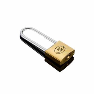 三环 长梁黄铜挂锁-黄铜锁体，锁体32×30mm，锁梁Ф5.4mm，锁梁内宽17.8mm，总高93mm，通开型