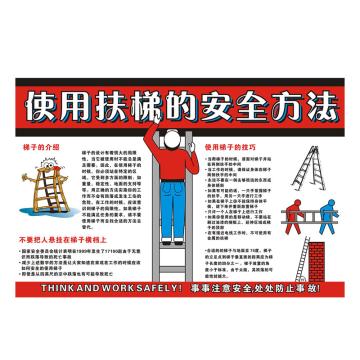 Raxwell 安全教育挂图-使用扶梯的安全方法，750mm（长）*500mm（宽），1.5mmABS塑料板，RSSJ0050 售卖规格：1个