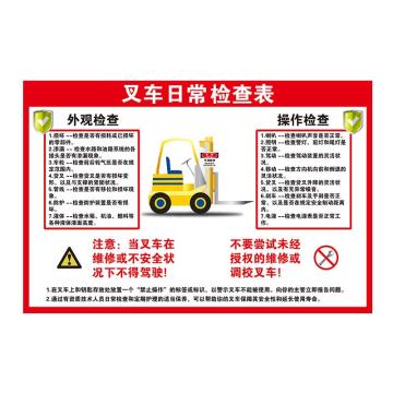 Raxwell 安全教育挂图-叉车安全检查表，750mm（长）*500mm（宽），1.5mmABS塑料板，RSSJ0088 售卖规格：1个