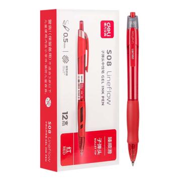 得力 臻顺滑中性笔签字笔按动笔中性笔，S08（红） 0.5mm子弹头水笔中性笔 售卖规格：1盒