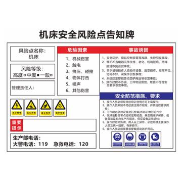 安赛瑞 安全风险点告知牌，60x80cm，机床，1H01478 售卖规格：1片