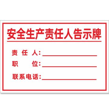 安赛瑞 消防责任人标识牌，PVC告示牌，安全生产责任人告示牌20x30cm，1H00087 售卖规格：1张