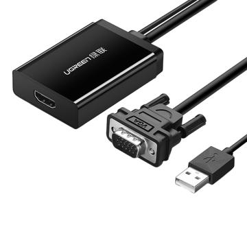 绿联/UGREEN VGA转HDMI转换器，MM106（40213） 带USB线供电与音频解码输入 分辨率：1920*1080 黑色 售卖规格：1个