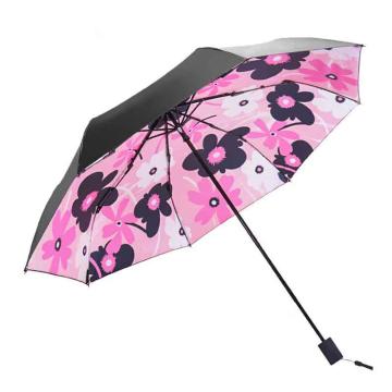 天堂伞 三折叠晴雨伞55cm*8骨全遮光黑胶防晒太阳伞遮阳伞，花样粉红 售卖规格：1把