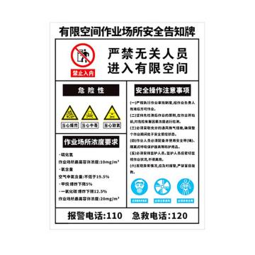海斯迪克 HK-616，pvc塑料板，警告警示提示标志标识牌30*40cm，有限空间作业场所安全告知牌，竖版 售卖规格：1个