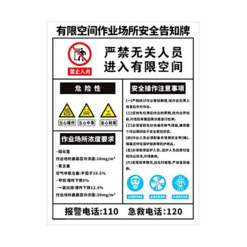 海斯迪克 HK-616，pvc塑料板，警告警示注意工作场所车间标识牌，有限空间安全作业30*40cm 售卖规格：1个
