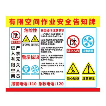 海斯迪克 HK-616，pvc塑料板，警示注意工作场所车间标识牌，有限空间作业安全告知牌横版40*50cm 售卖规格：1个