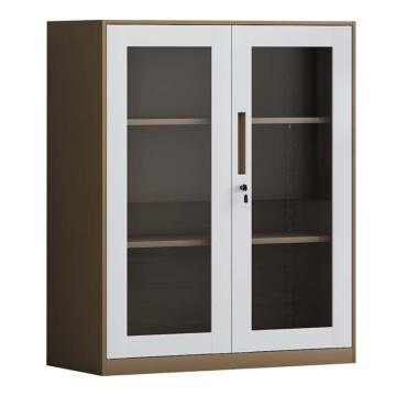 初嘉 钢制文件柜窄边资料柜拆装档案柜带锁储物柜咖白套对开门玻璃矮柜，WJGT-015 1090*900*400/0.7mm 售卖规格：1个