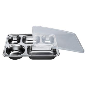 西域推荐 304不锈钢快餐盘， 五格分餐盘 深款五格+PP塑料盖（深度4cm）28.2x22cm