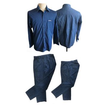 西域推荐 夏季工作服套装，全棉精梳靛蓝牛仔布衬衫+裤子