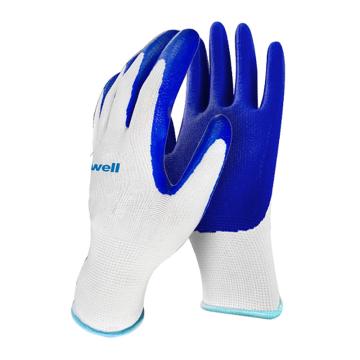 Raxwell 丁腈涂层手套，13针白涤纶蓝丁腈手套，掌浸，均码，12副/袋，RW2464