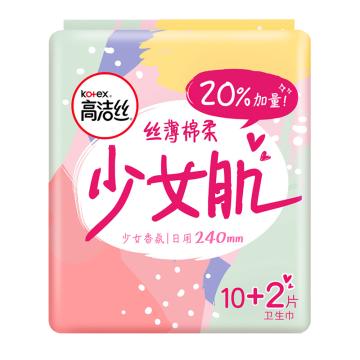 高洁丝 日用卫生巾，6240丝薄棉柔少女肌240mm 10片+2片/包 售卖规格：24包/箱