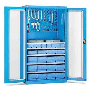位邦 储物柜,1023×550×1800mm,蓝色,对开玻璃门柜,5层层板,背部带挂板,含料盒及挂钩，77.6812.02 售卖规格：1个