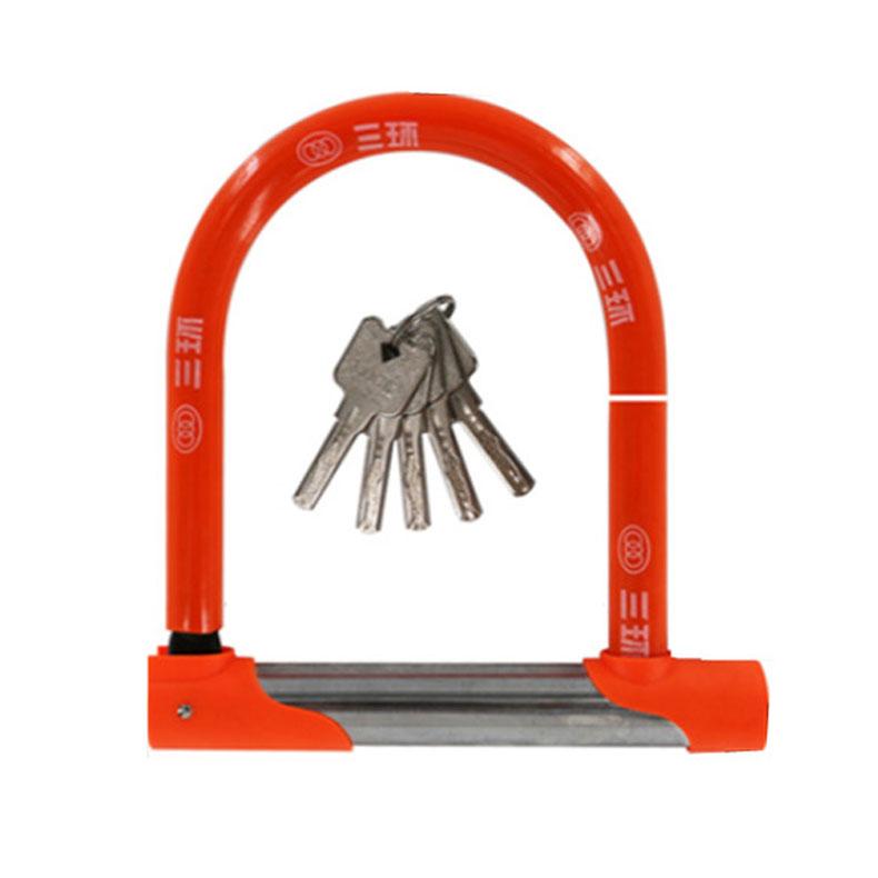 三环 U型锁，586 锁体总高190mm，锁体宽度178mm，锁梁直径17mm，橙色/黑色随机，含双面叶片钥匙×5 售卖规格：1个
