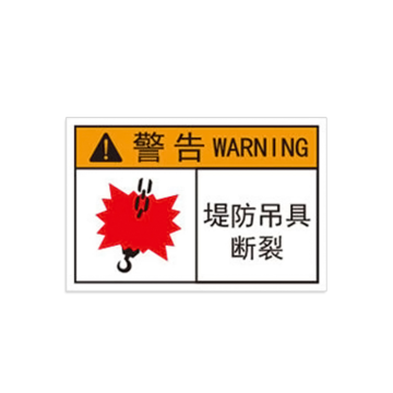 安赛瑞 安全警告标示车床警示贴KT板，35x90cm，堤防吊具断裂,白色+黄色,1H00355
