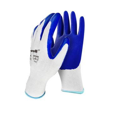 Raxwell 丁腈涂层手套，RW2464 13针白涤纶蓝丁腈手套，掌浸，均码，12副/袋 售卖规格：1袋