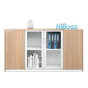 HiBoss 办公家具板式矮柜带玻璃门文件柜，XYGT-76 时尚简约分区储物 欧相+暖白 1600*400*800mm 售卖规格：1台
