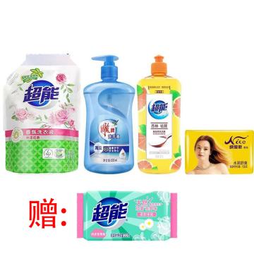 超能 4件套，套装 900g超能香氛洗衣液+500ml雕牌海盐洗手液+500g西柚去腥洗洁精+150g*4纳爱斯香皂（赠超能内衣皂222g） 售卖规格：1套