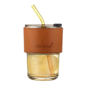 功成狮 创意玻璃杯，GFUD0392 创意玻璃杯琥珀色+皮套+吸管 450mL 1套 不含杯内食物 售卖规格：1个
