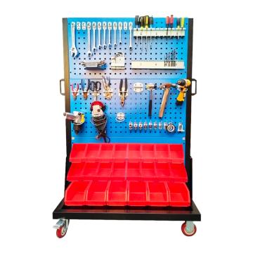 Raxwell 移動型雙面三層2百葉4方孔整理架（含掛鉤零件盒），RHSS4681 尺寸：960*610*1450mm 重量：15kg 售賣規(guī)格：1套