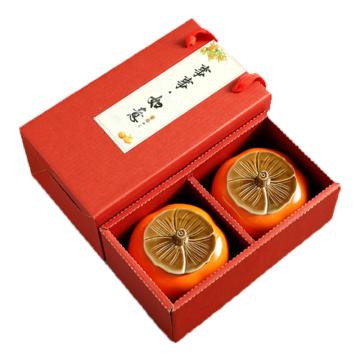功成狮 柿子陶瓷茶叶罐，GUFD0027 HFSZTCCYG-01,橙色双罐红盒装,60ml*2 售卖规格：1个