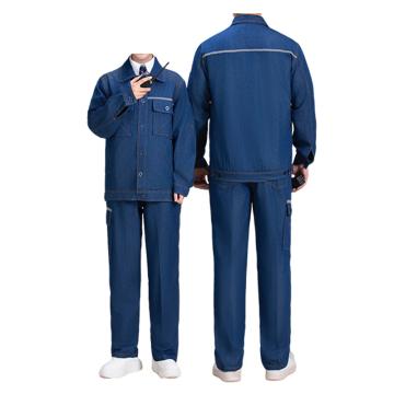 Raxwell 夏季純棉牛仔套裝，RW8672 長(zhǎng)袖，胸口后背帶反光條，L碼 售賣規(guī)格：1套