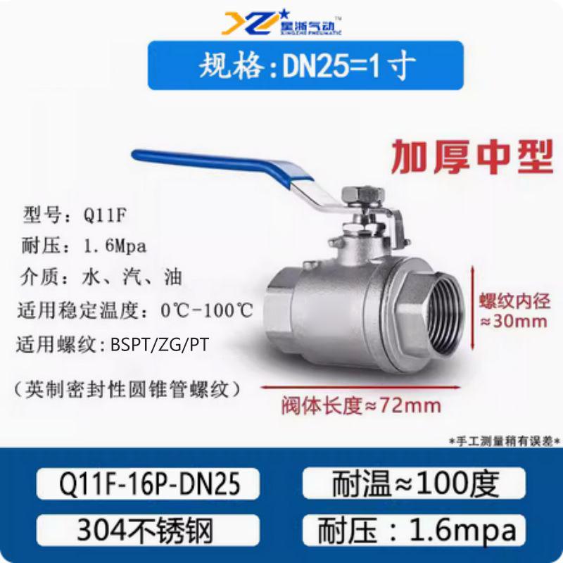 星浙氣動(dòng) 絲扣款304不銹鋼二片式球閥，Q11F-16P-DN25-304 售賣規(guī)格：1個(gè)