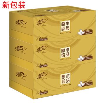 清风/Breeze 原木纯品金装系列3层130抽盒装面巾纸，B335J1 206×195mm 售卖规格：3盒/提