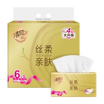 清风/Breeze 原木金装丝柔金装系列4层100抽塑包抽取式面巾纸，BR62S7J （升级款） 170×132mm 6包/提 售卖规格：8提/箱